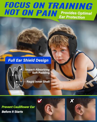Trymaker Wrestling Headgear, Head Gear for Youth with Chin Cup & Pad - color: Black Headgear & Black Strap