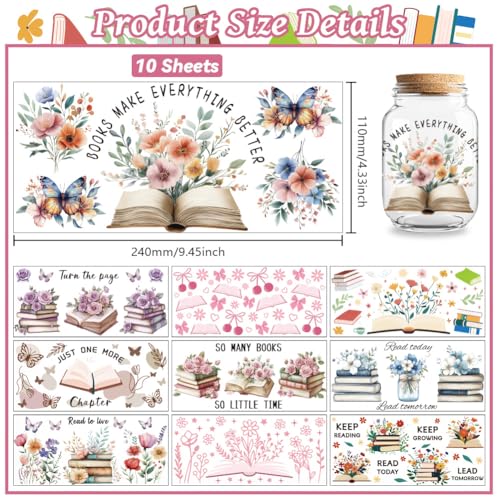 UV DTF Cup Wraps Transfer Stickers Book and Flowers Pattern, 10 Sheets Waterproof Custom Vinyl Transfer Sticker 16oz Coffee Glass Cup Tumbler Bottle Mug Decals for Men Women - style: Book and Flowers