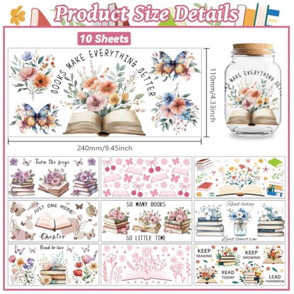 UV DTF Cup Wraps Transfer Stickers Book and Flowers Pattern, 10 Sheets Waterproof Custom Vinyl Transfer Sticker 16oz Coffee Glass Cup Tumbler Bottle Mug Decals for Men Women - style: Book and Flowers