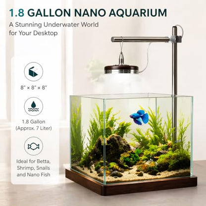Mini Fish Tank with LED Light, 2 Gallon Desktop Aquarium for Betta Fish & Shrimp, Quiet Small Fish Tank for Home Office Decor