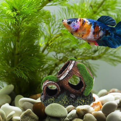 Aquarium Barrel Hideout Resin Fish Tank Decor Ornament Double Broken Barrel Landscaping Cave for Betta and Reptile Tanks Small Size
