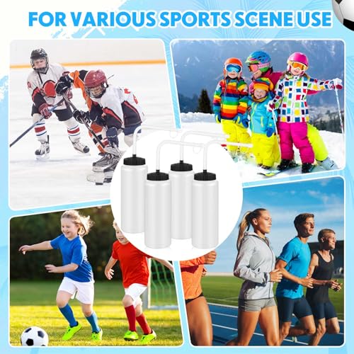 Domensi 4 Pack 32 oz Hockey Sports Water Bottle with Long Straw Easy Squeeze Plastic Bottle Helmet Friendly for Sport Hockey Football Lacrosse(Translucent,Classic) - color: Translucent