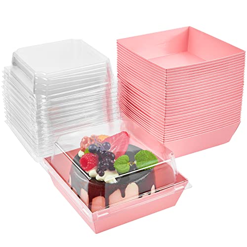 50 Pack Small Charcuterie Boxes with Clear Lids, 4 Inches Paper Bakery Boxes Dessert Boxes Disposable To Go Food Containers for Cookie, Cake Slice, Mini Cake, Chocolate Strawberry (Pink) - color: Pink