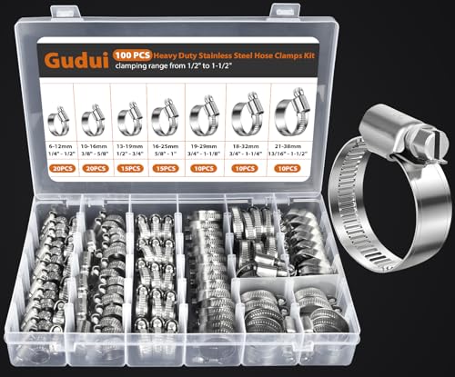 Heavy Duty Hose Clamp, Stainless Steel Hose Clamps Assortment for 1/4 Inch to 1-1/2 Inch Hose Pipe,100 PCS Small Worm Gear Hose Clamp Kit for Fuel Line Radiator Coolant Plumbing Automotive