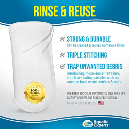 Aquatic Experts 200 Micron Drawstring Filter Socks – Ring-Free Design for Sumps, Saltwater & Freshwater Aquariums, Custom Made in USA (4" x 14", 4 Pack)