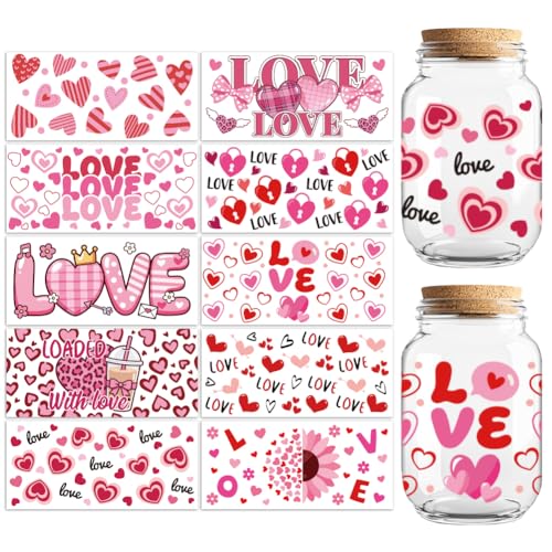 UV DTF Cup Wraps Transfer Stickers Valentine's Love Pattern, 10 Sheets Waterproof Custom Vinyl Transfer Sticker 16oz Coffee Glass Cup Tumbler Bottle Mug Decals for Men Women - style: Valentine's Love