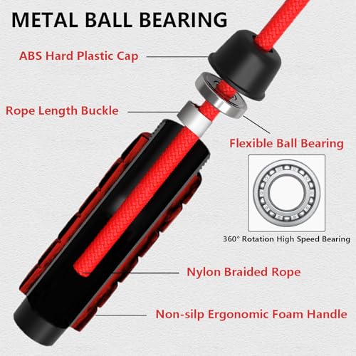 Weighted Jump Rope Nylon Adjustable - Tangle-Free Jump Rope for Women, Men, Kids, and Adults with Foam Handle, Rapid Speed with Ball Bearings, 360° Rotation Jumprope for Exercise, Fitness and Training - color: Red