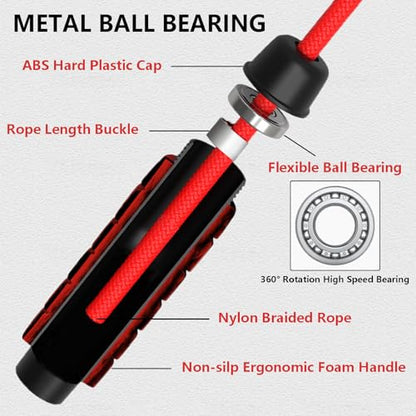 Weighted Jump Rope Nylon Adjustable - Tangle-Free Jump Rope for Women, Men, Kids, and Adults with Foam Handle, Rapid Speed with Ball Bearings, 360° Rotation Jumprope for Exercise, Fitness and Training - color: Red