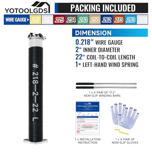 Left Hand Wind（Black Cone）2" Garage Door Torsion Spring with Non-Slip Winding Bars & Gloves, High Precision Electrophoresis Black Coated, for Replacement, MIN 16,000 Cycles (0.218x2''x22'') - size: 0.218X2"X22"-L