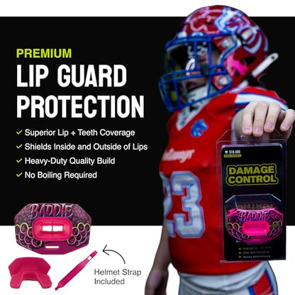 DAMAGE CONTROL Youth Football Mouth Guard – Baddie | Heavy Duty, Breathable No Boil Mouthpiece, Maximum Airflow, Protects Lips & Teeth, Works with Braces, Includes Helmet Strap - color: Baddie