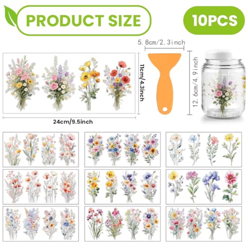 arricraft 10 Pcs Flower Theme Cup Printing UV Transfer Papers, 10 Styles Watercolor Wildflower PVC DIY Heat Transfer Stickers for 16 OZ Glass Cups Crafts 9.5x4.3inch - style: Flower Theme