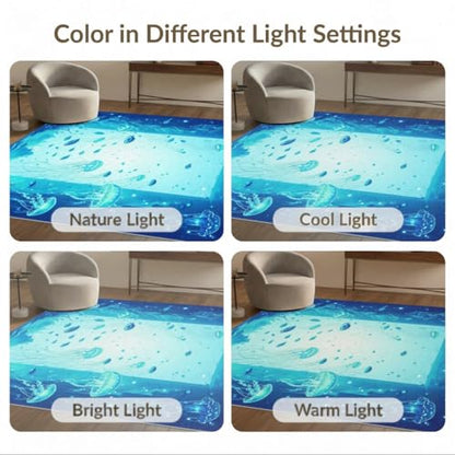 4'x6' Washable Kawaii Fish Area Rug, Blue Flatwoven Floor Mat for Home Office, Gaming Room, Under Desk, Non-Slip Chair-Friendly Carpet | Ref:1911370