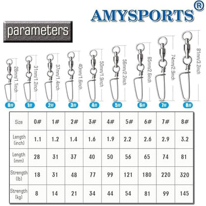 AMYSPORTS High Strength Fishing Snap Swivels - Stainless Steel Ball Bearing Swivels - Saltwater & Freshwater Fishing - size: Size 0+0 (19lb) 50 pcs