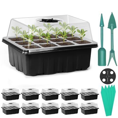 10 Pack Seed Starter Tray Kit, 120 Cells Seedling Starter Trays with Humidity Dome and Base Greenhouse Growing Trays, Reusable Seedling Tray with Garden Tools Labels (Black) - color: Black, size: 10 pack