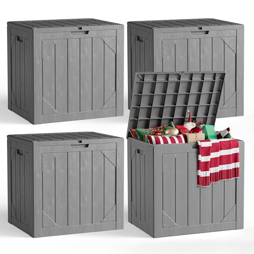 31 Gallon Outdoor Deck Box 4 Pack, Waterproof Resin Patio Storage Boxes with Lockable Lid, Small Outdoor Storage for Cushions, Accessories, Garden Tools, Indoor Outdoor Organizer, Gray - color: Gray, size: 31 Gallon-4Pack