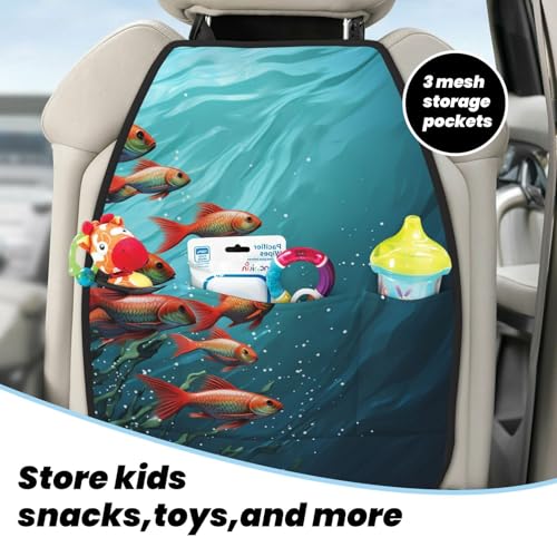 Fish Aquarium Car Kick Mats Backseat Organizer, 2 Pack Backseat Protector for Car, Heavy Duty Waterproof Seat Back Cover with 3 Mesh Pockets, Auto Seat Accecories for Pets Kids