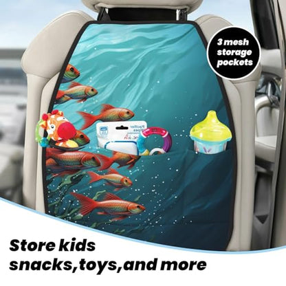 Fish Aquarium Car Kick Mats Backseat Organizer, 2 Pack Backseat Protector for Car, Heavy Duty Waterproof Seat Back Cover with 3 Mesh Pockets, Auto Seat Accecories for Pets Kids