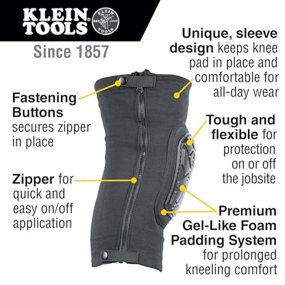 Klein Tools 60628 Tough-Flex Knee Sleeves for Work, Construction, Low-Profile Sleeve with Zipper, Gel-Like Foam, Black, S/M - size: S/M