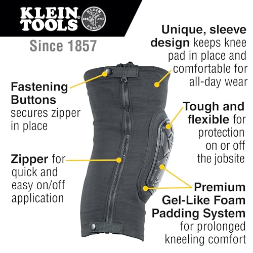 KLEIN TOOLS 60629 Tough-Flex Knee Sleeves for Work, Construction, Low-Profile Sleeve with Zipper, Gel-Like Foam, Black, M/L - size: M/L