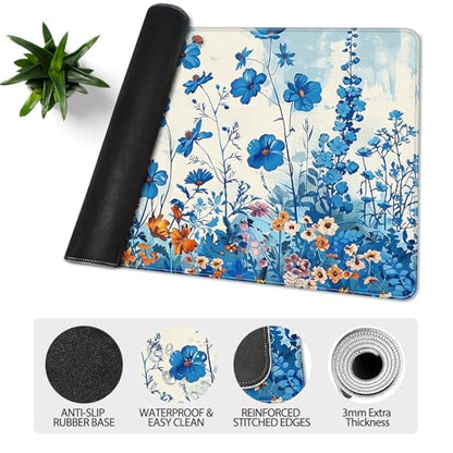 35.4 x 15.7 in, XXL Large Mouse Pad for Desk, Extended Keyboard Mouse Mat for Computer Office, Big Mouse pad with Stitched Edges, Gaming Pc-Blue Flower and Weeds - color: Blue Flower and Weeds