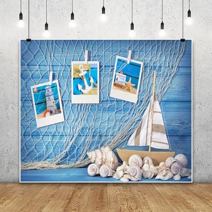 Blue Wooden Wall Nautical Backdrop Photography Sailing Adventure Rudder Seashell Sailing Wheel Helm Fishing Net Starfish Photo Backdrop Summer Nautical Party Baby Shower Birthday Background Decoration