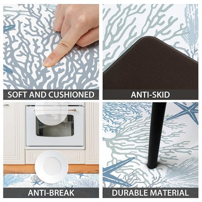 Coastal Kitchen Rugs and Mats Set of 2 Beach Nautical Blue Kitchen Decor Anti Fatigue Cushioned Kitchen Floor Mats Non Slip Waterproof Standing Mat for Laundry Office