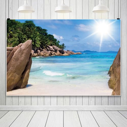 5x3ft Seaside Scenery Backdrop Spring Sunshine Coast Rocky Seashore Island Landscape Background for Photography Sea Beach Kids Holiday Travel Vacation Trip Photo Portrait Shooting Vinyl - size: 5x3ft