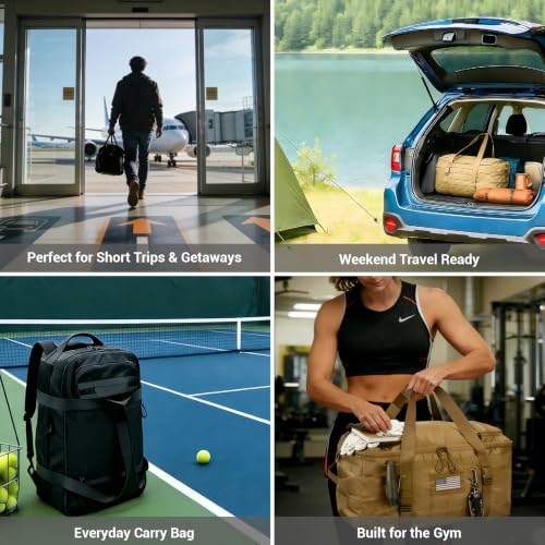 kokkoya 40L Tactical Gym Duffel Bag Molle Backpack for Men Travel | Main compartment opens 270 degrees. Hidden straps enable hand, shoulder and backpack carry with MOLLE organization system