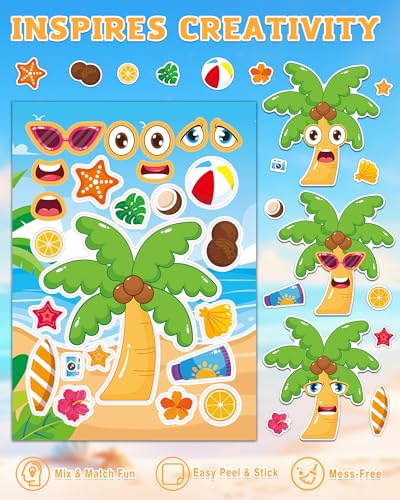 48 Sheets Summer Fun Make-a-Face Sticker Set for Kids – Create Your Own Faces with Beach, Tropical & Animal Stickers – Ideal Summer Crafts, Party Favors & Creative Activities - style: Summer Vibe
