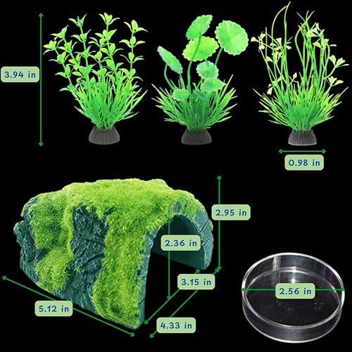 Axolotl Hides for Aquarium with Feeding Dish and Fake Plants Set, Axolotl Cave with Green Plants, Aquarium Decor, Fish Tank Decorations, Turtle Tank Accessories (Cave+Plant+Feeding Dish, L)
