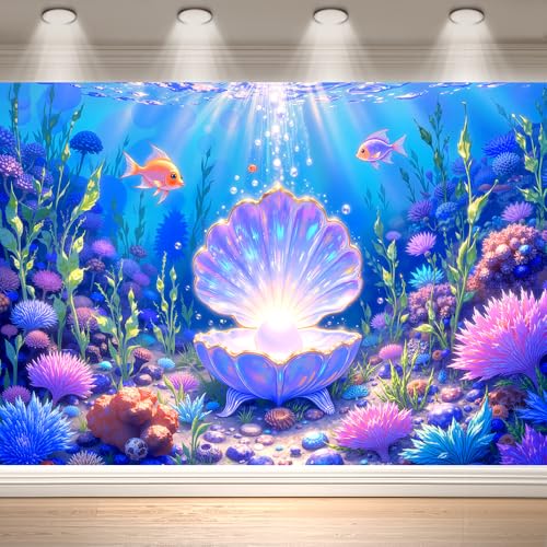 7x5FT Mermaid Backdrop Under The Sea Party Decorations, Underwater Ocean Scene with Giant Shell & Pearl, Coral Reef Fish Aquarium Background for Photography Kids Birthday Baby Shower - size: 7x5 FT