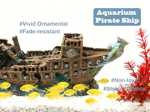 Aquarium Shipwreck Decoration,Pirate Ship Ornament Made of Resin, Eco-Friendly Sunken Ship Accessory for Freshwater & Saltwater Tanks