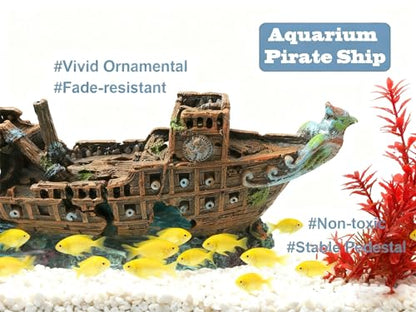 Aquarium Shipwreck Decoration,Pirate Ship Ornament Made of Resin, Eco-Friendly Sunken Ship Accessory for Freshwater & Saltwater Tanks