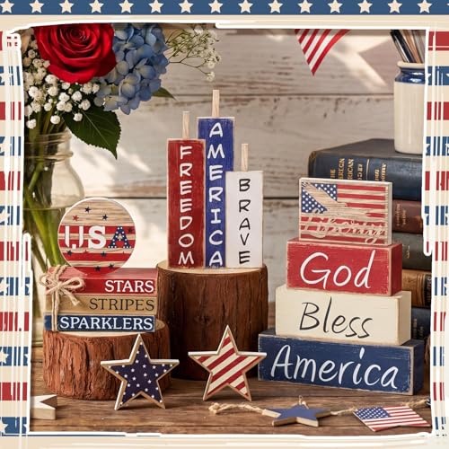 11 Pcs 4th of July Table Decorations Set Patriotic Tiered Tray Decor Set Blue Red White Table Centerpieces Sign for 4th of July Office Home Shelf 250th Anniversary - style: Patriotic