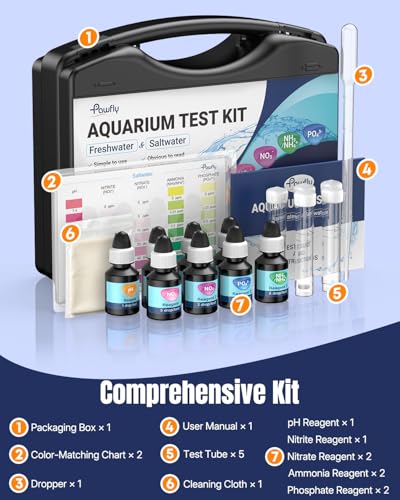 Pawfly 5 in 1 Aquarium Water Master Test Kit, Aquarium Water Test Kit Fish Tank Water Testing Kit for pH Nitrite Nitrate Ammonia & Phosphate, Aquarium Test Kit for Freshwater & Saltwater Fish Tanks - color: Black Box Pack