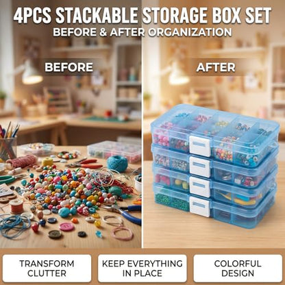 4-Pack Plastic Organizer Boxes with 40 Grids, Stackable Jewelry & Craft Storage Case, Waterproof Hardware Parts Holder Portable DIY Hobbyist, Beads and Fishing Tackle (Blue)