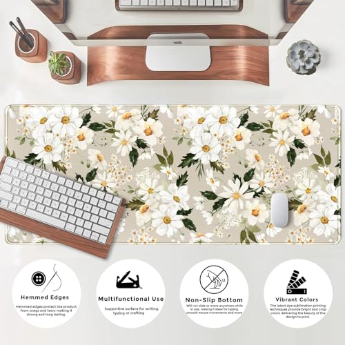 Daisy Floral Daisies Large Mouse Pad Watercolor Flowers Desk Mat, Washable Mousepad LYC Cloth Stitched Edges Women Girls Gaming Mousepad Computer Pc Laptop Desk Mat 31.5 X 11.8 in - color: Beige