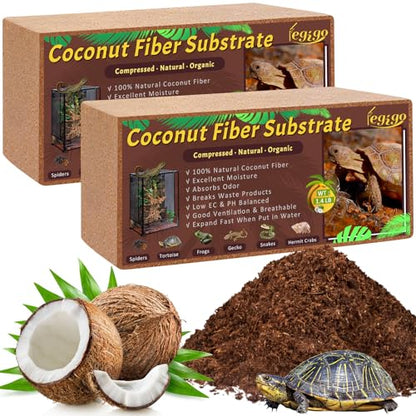 2 Pack Coconut Fiber Substrate, Natural Coco Coir Bedding for Reptiles Turtles, Tortoises, Snake, Hermit Crab, Gecko, Lizard, Bioactive Terrarium Soil for Humidity Control and Plant Substrate