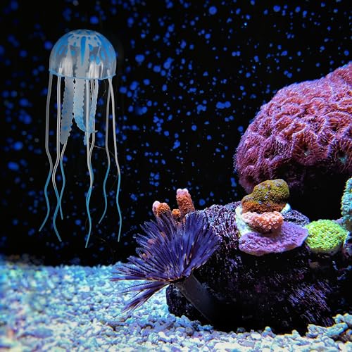 Fish Tank Jellyfish Decoration, Silicone Fluorescent Jellyfish Glow Ornaments for Aquarium, 2.3x5.9inch(Blue)