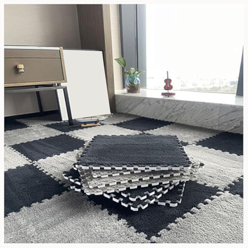 24Pcs Plush Foam Floor Mat Square Interlocking Carpet Tiles 12X12 Inch Puzzle Piece Carpet Squares Thick Fluffy Foam Floor Tiles Carpet for Parlor Bedroom (Black + Gray) - color: Black + Gray