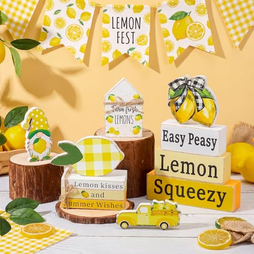 11 Pcs Lemon Table Decorations Set Lemon Tiered Tray Decor Summer Wooden Top Farmhouse Rustic Wooden Coffee Table Centerpieces for Home Kitchen Office Decorations - style: Lemon