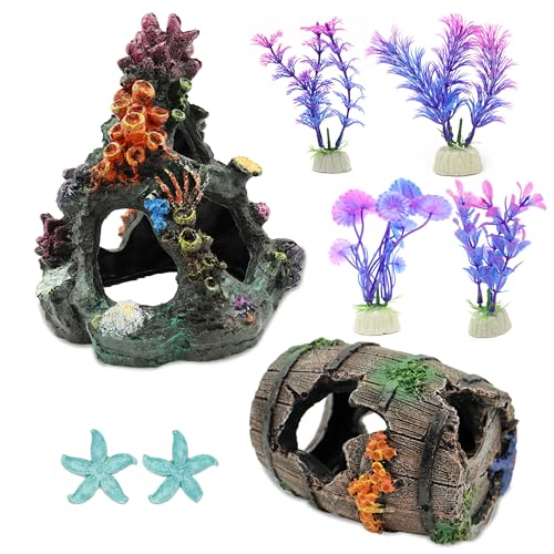 8 Pcs Fish Tank Decor, Small Aquarium Decorations Accessories, Fish Tank Plants Fish Cave Hideout, 2 x Aquarium Cave 4 x Aquarium Plant 2 x Starfish Ornament (Colorful)