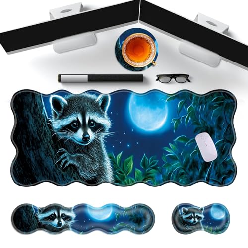 Large Gaming Mouse Pad, Keyboard Wrist Rest Pad & Wrist Support Mousepad Set, Stitched Edge, Extended, Non-Slip Base, Memory Foam Desk Mat for Office, Home,Cute Raccoon - color: Cute Raccoon