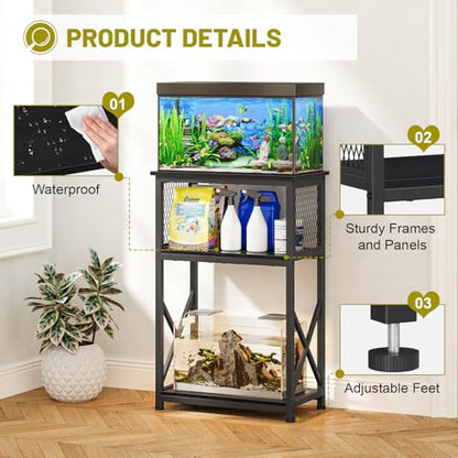 Snughome 10 Gallon Aquarium Stand with Storage, 3 Tier Heavy Metal Fish Tank Stand Shelf 20.47" x 11.42" x 30.91", Black - color: Black, size: 10 Gallon