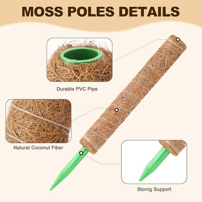6 Pack Moss Pole for Plants Monstera,Stackable Moss Pole for Plants,Coir Totem Pole Tall for Climbing Plant,Sphagnum,Indoor Potted Plant with Garden Ties and Stem Support (3x17in + 3x12in)