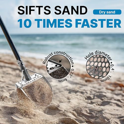 Sand Scoops for Beach Metal Detecting Stainless Steel Beach Metal Detecting Shovel Underwater Treasure Hunting, Metal Detector Accessories(Bag + Scoop + Carbon Fiber Handle), (9x6 + Handle) - size: 9 x 6 in + Handle