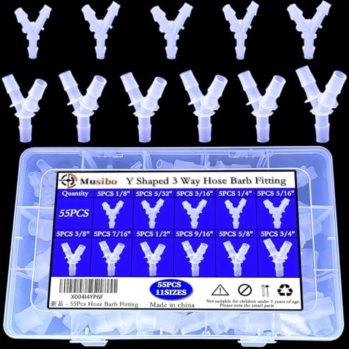 55Pcs Hose Barb Fittings,11 sizes of barbed hose fittings, Equal Barbed Y Shaped 3 Way Plastic Joint Splicer Mender Adapter Union, Hose Plastic Pipe Connectors, for Gas, Liquid, Air Line Tubing Pipe.