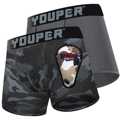 Youper 2 Pack Youth Brief with Soft Protective Athletic Cup, Youth Compression Underwear for Baseball & Football - color: Dark Grey & Camo, size: Medium