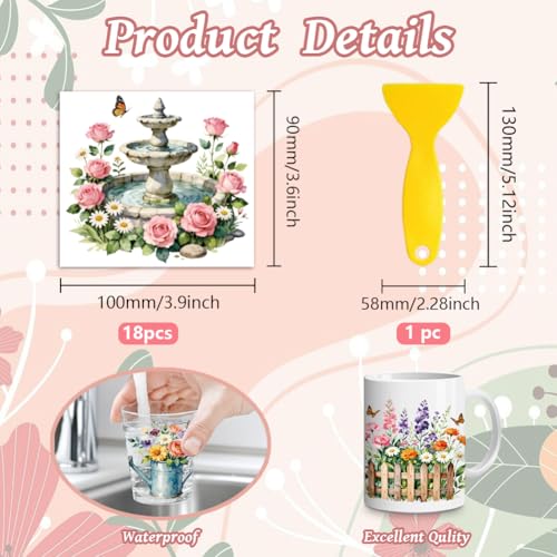 Peacoblue 18 Sheets Rub on Transfers for Crafts, Garden Flowers and Butterfly 3.6"x3.9" UV DTF Cup Wraps Waterproof Rub on Cold Transfers Stickers for Wood Glass Metal Cup Tumblers Mirrors Mugs Decor - style: Garden Flowers And Butterflies