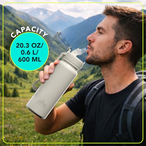 Stainless Steel Water Bottle 20oz with Straw, Insulated, Leakproof Lid - color: Cream